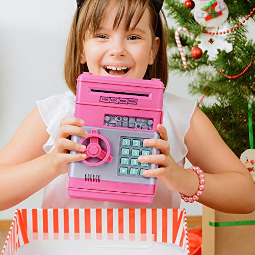 Highttoy Hucha Electrónica para Niñas 3-12 Años,Hucha Cajero Automatico Hucha con Código Caja Fuerte Niños Caja de Monedas Divertidos Juguete de Regalo para Niñas Niños Rosa