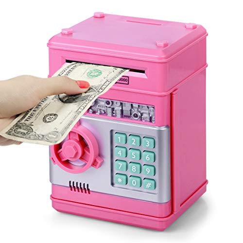 Highttoy Hucha Electrónica para Niñas 3-12 Años,Hucha Cajero Automatico Hucha con Código Caja Fuerte Niños Caja de Monedas Divertidos Juguete de Regalo para Niñas Niños Rosa