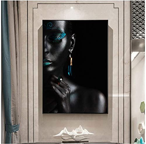 HJKLP Lienzos Decorativos ImpresióN En Lienzo Chicas Africanas Labios Azules Y PestañAs Maquillaje PóSter Pared Arte Pintura Pared De SalóN Decoracion Mural 50x70cm x1 Sin Marco