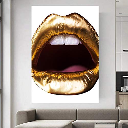 HJKLP Posters para Pared Pinturas en Lienzo de Labios Dorados Moda Mujer Arte de Pared Maquillaje Chicas Poster e Impresiones Cuadros de Pared para Decoracion del hogar 50x70cm x1 Sin Marco