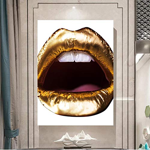 HJKLP Posters para Pared Pinturas en Lienzo de Labios Dorados Moda Mujer Arte de Pared Maquillaje Chicas Poster e Impresiones Cuadros de Pared para Decoracion del hogar 50x70cm x1 Sin Marco