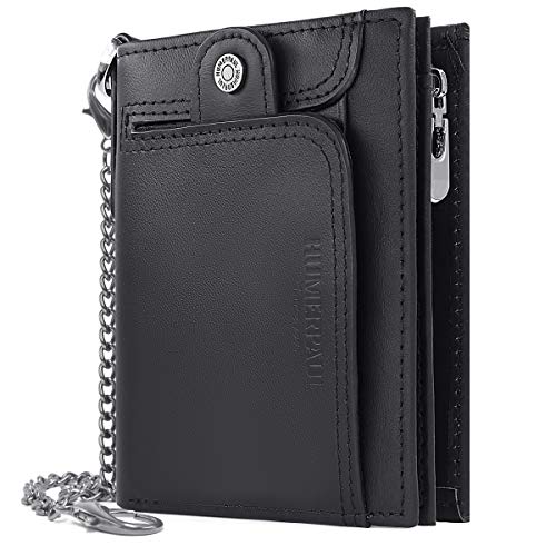 HNOOM Cartera para Hombre Cartera de Cuero Genuino con Bloqueo RFID para Hombre Monedero de Bolsillo con Cremallera, Tarjetero Plegable con Cadena, con Caja de Regalo (Negro)