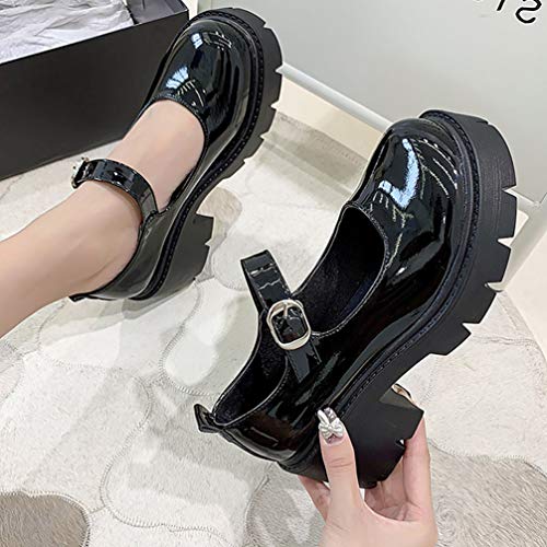 Holibanna Zapatos con Plataforma María Cuñas de Tacón Grueso Zapatos Lolita Vestido Oxford Zapatos Escolares Hebilla Correa Punta Redonda Pisos Bloque Tacones Gruesos Bombas (37)