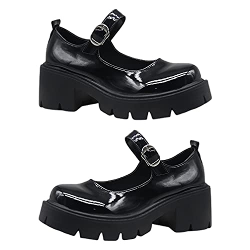 Holibanna Zapatos con Plataforma María Cuñas de Tacón Grueso Zapatos Lolita Vestido Oxford Zapatos Escolares Hebilla Correa Punta Redonda Pisos Bloque Tacones Gruesos Bombas (37)