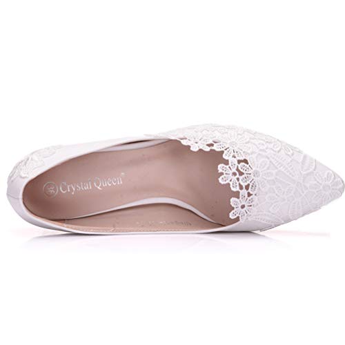 Holibanna Zapatos de novia con diseño de pompas y pompas de pelo de encaje, 5 cm de altura, blanco, 37.5 EU