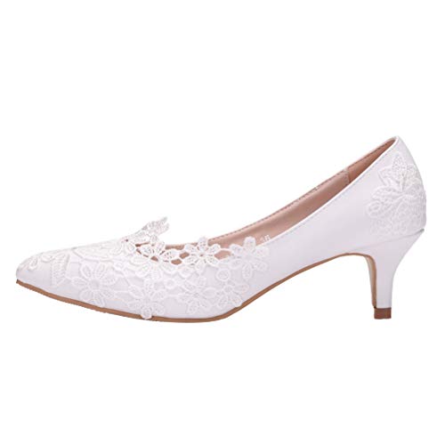 Holibanna Zapatos de novia con diseño de pompas y pompas de pelo de encaje, 5 cm de altura, blanco, 37.5 EU