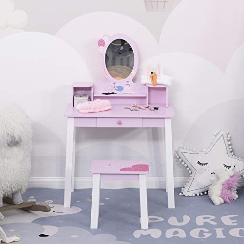 HOMCOM Tocador Infantil con Taburete y Espejo Tipo Princesa Mesita de Maquillaje de Madera Rosa Juguete para Niñas 60x34x93 cm