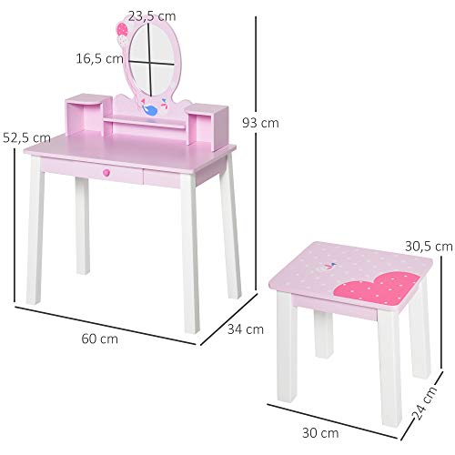 HOMCOM Tocador Infantil con Taburete y Espejo Tipo Princesa Mesita de Maquillaje de Madera Rosa Juguete para Niñas 60x34x93 cm