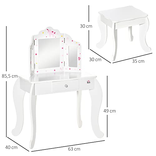 HOMCOM Tocador Infantil de Madera con Taburete y Espejo Acrílico de 3 Sectores Mesa de Maquillaje para Niñas con Cajón para Habitación del Niño 63x40x85,5 cm Rosa