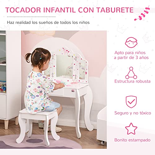 HOMCOM Tocador Infantil de Madera con Taburete y Espejo Acrílico de 3 Sectores Mesa de Maquillaje para Niñas con Cajón para Habitación del Niño 63x40x85,5 cm Rosa