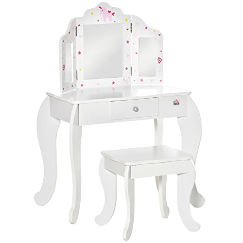 HOMCOM Tocador Infantil de Madera con Taburete y Espejo Acrílico de 3 Sectores Mesa de Maquillaje para Niñas con Cajón para Habitación del Niño 63x40x85,5 cm Rosa