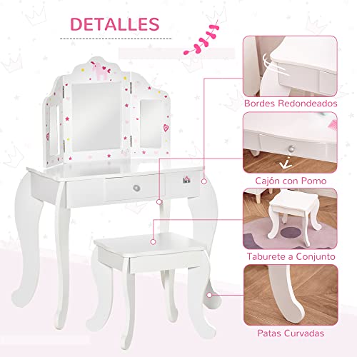 HOMCOM Tocador Infantil de Madera con Taburete y Espejo Acrílico de 3 Sectores Mesa de Maquillaje para Niñas con Cajón para Habitación del Niño 63x40x85,5 cm Rosa