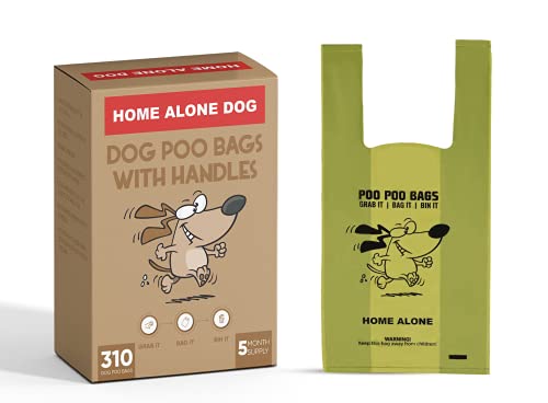 Home Alone Dog Bolsas de caca – 310 bolsas de caca para perros con asas, no en rollos – Extra fuerte – sin perfume – Cada bolsa de caca de perro es de 36 x 18 cm