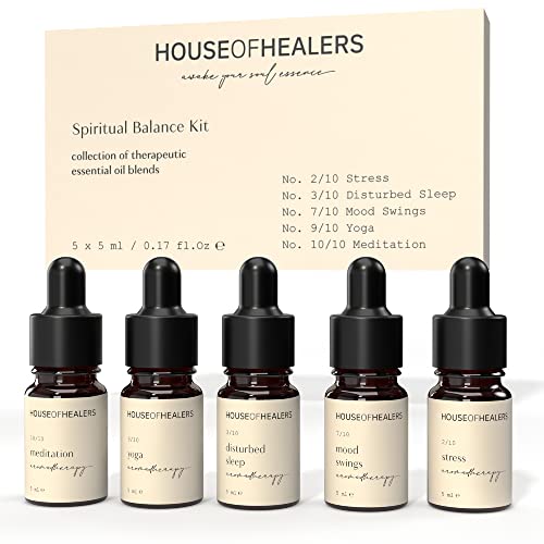 HouseOfHealers Set de Aceites Esenciales para Humidificador - Aceites Esenciales Aromaterapia: Aceite Esencial Lavanda, Aceite Esencial Eucalipto, Aceite de Romero, Aceite Esencial Limon y Más - 5x5ml