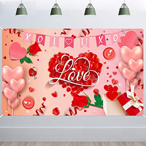 HOWAF Grande Corazón Rojo Rosa Pancarta para Decoración Romántica, Te Amo Pancarta de Tela para San Valentín Bodas Decoración de Fondo Pared Casa Interior, Exterior Decoración Romántica 4.9 * 3.3 Pies