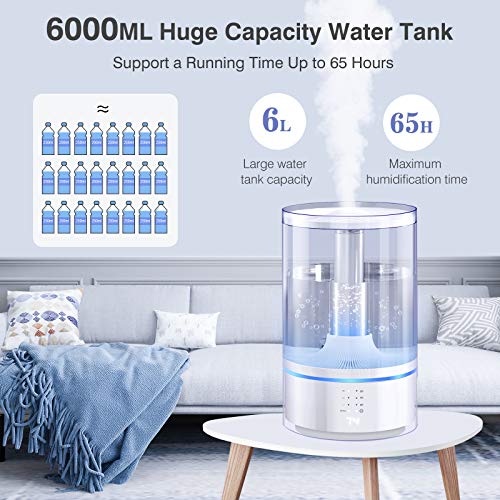 Humidificador, Gocheer 6L Humificador Ultrasónico bebes, Control Automático de Humedad, Difusor Aceites Esenciales a 25dB y 70m², Boquilla 360°, 65H Corriendo es Apto Para Dormitorio, Hogar