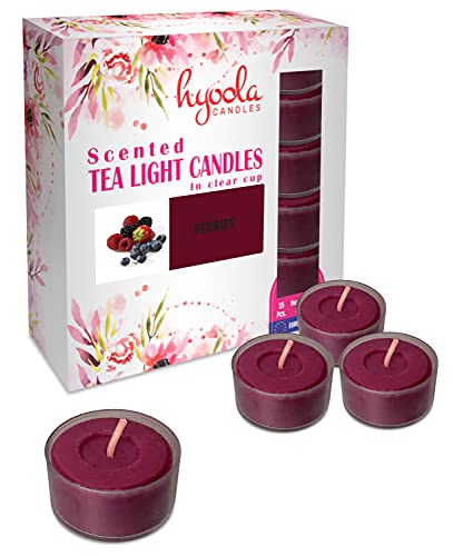 Hyoola Velas de Té Perfumadas - Velas Candelitas en Vaso Transparente - Velas Aromáticas con Aroma a Frutas del Bosque - Burdeos - 6 Horas de Combustión - Pack de 15 - Hechas en Europa