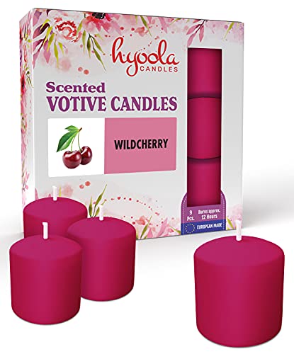 Hyoola Velas Votivas con Perfume - Velas Perfumadas con Aroma a Cereza silvestre - Rosa Oscuro - 12 Horas de Combustión - Pack de 9 Velas Aromáticas - Hechas en Europa