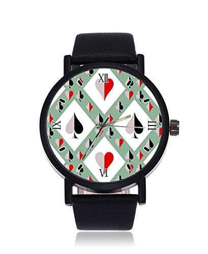 Iconos de Las Cartas de Juego. Reloj de Pulsera para Hombre de Cuarzo, Correa de Cuero Inoxidable, Color Negro, Rojo, Blanco y Gris