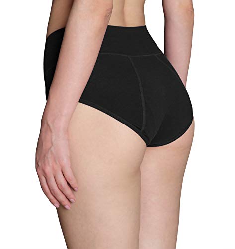 INNERSY Bragas Mujer Período Menstruales de Cintura Alta de Algodón Protección Ropa Interior Pack de 3(3XL-EU 48, 3 Negro)