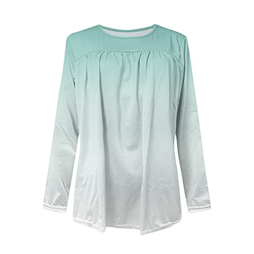 iXOOAA Blusa de manga larga para mujer, informal, cuello redondo, plisada, con costuras, verde menta 1, L