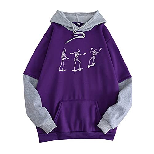 iXOOAA Jersey de manga larga para mujer, camiseta cálida, informal, para invierno, otoño, terciopelo, para costura, suelto, talla grande, con capucha, Purple-2, L