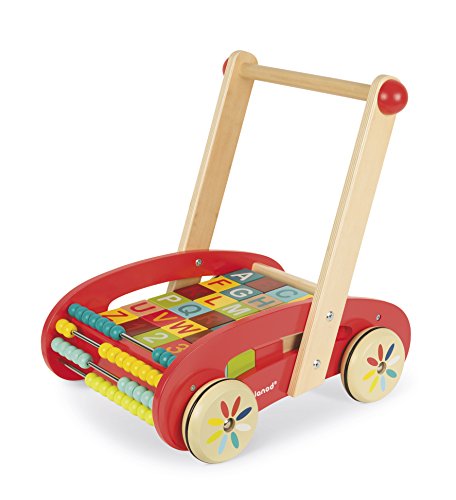 Janod - J05379 - Andador ABC Buggy Tatoo de madera de color rojo con 30 bloques incluidos para niños a partir de 1 año