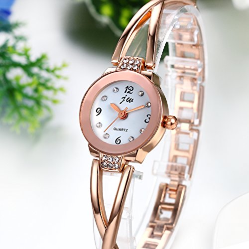 JewelryWe Juego de Pulsera con Reloj Oro Rosa, Moda Reloj de Diamantes Brillantes con Pulsera,Regalos dias de Madre