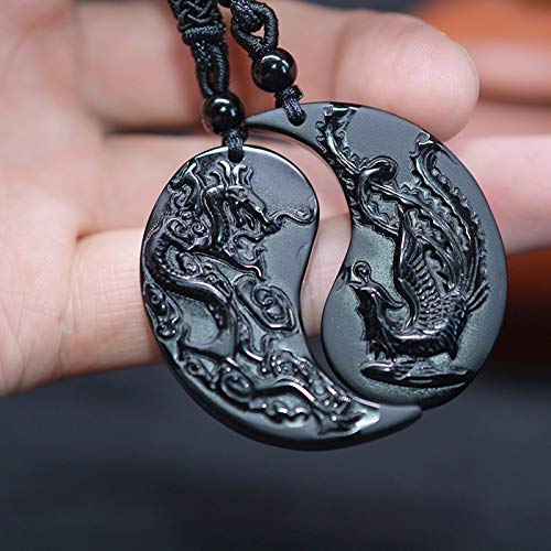 JIUXIAO 1 Juego de obsidiana Taichi dragón y Collar de Fénix Colgante Yin Yang Colgante Collar obsidiana Colgantes-Estilo corazón