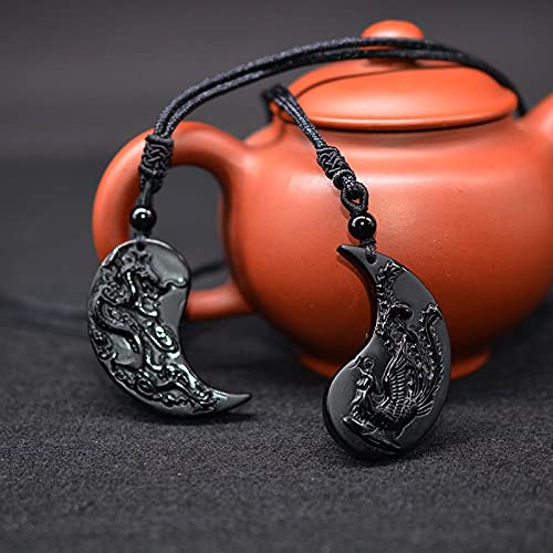 JIUXIAO 1 Juego de obsidiana Taichi dragón y Collar de Fénix Colgante Yin Yang Colgante Collar obsidiana Colgantes-Estilo corazón