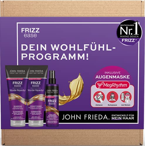 John Frieda Frizz Ease Wunderder - Set de reparación - Champú, acondicionador, spray de cuidado inmediato y antifaz MegRhythm - Programa de bienestar para el hogar