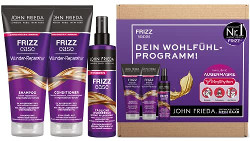 John Frieda Frizz Ease Wunderder - Set de reparación - Champú, acondicionador, spray de cuidado inmediato y antifaz MegRhythm - Programa de bienestar para el hogar