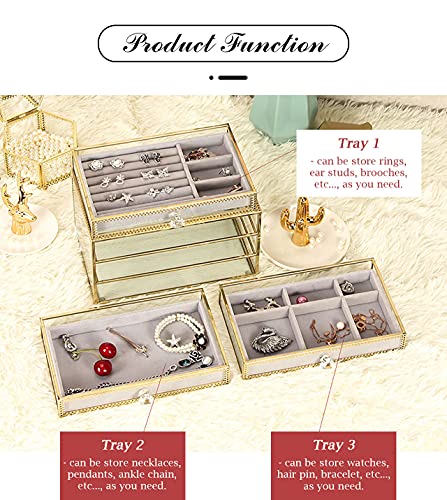 JOVIVI Joyero organizador con 3 cajones, joyería de terciopelo para mujer, para anillos, pendientes, collares, pulseras, organizador de joyas de oro transparente, caja de regalo para niñas