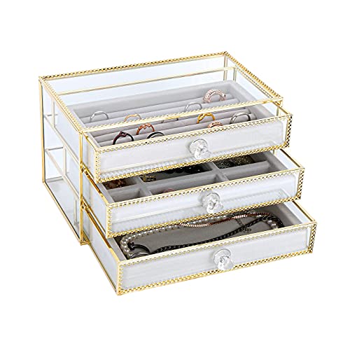 JOVIVI Joyero organizador con 3 cajones, joyería de terciopelo para mujer, para anillos, pendientes, collares, pulseras, organizador de joyas de oro transparente, caja de regalo para niñas