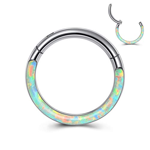 JSDDE Pendiente de acero quirúrgico con ópalo 16 Ga, para septum, tragus, hélix, oreja, nariz, labio, aro, 8-10 mm, Acero inoxidable Cristal,