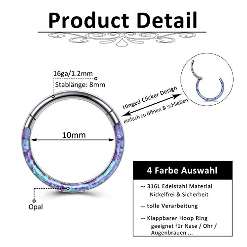 JSDDE Pendiente de acero quirúrgico con ópalo 16 Ga, para septum, tragus, hélix, oreja, nariz, labio, aro, 8-10 mm, Acero inoxidable Cristal, Opal,