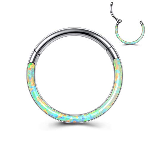 JSDDE Pendiente de acero quirúrgico con ópalo 16 Ga, para septum, tragus, hélix, oreja, nariz, labio, aro, 8-10 mm, Acero inoxidable Cristal, Opal,