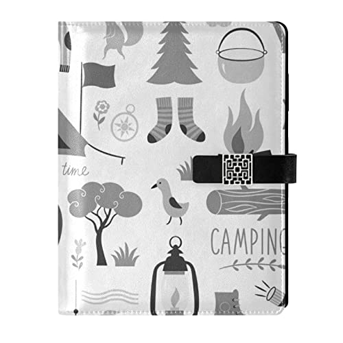 Juego de iconos de equipo de camping vintage para tienda de campaña con hoguera en blanco recargable, cuaderno de escritura de diario de tapa dura, planificador A5 con soporte para bolígrafo