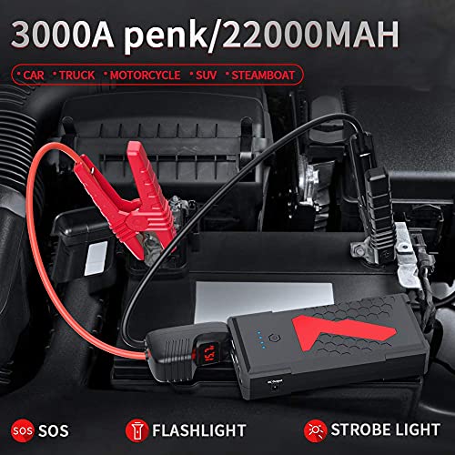 JUMTOP Arrancador de Coches, 22000Mah 3000A Arrancador de Baterias de Coche, Arranque Bateria Coche (Motor 10L Gas / 8L DiéSel) Jump Starter-Luz LED, Carga Rápida, Toma de mechero