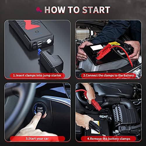 JUMTOP Arrancador de Coches, 22000Mah 3000A Arrancador de Baterias de Coche, Arranque Bateria Coche (Motor 10L Gas / 8L DiéSel) Jump Starter-Luz LED, Carga Rápida, Toma de mechero