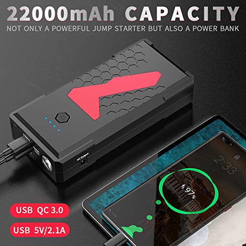 JUMTOP Arrancador de Coches, 22000Mah 3000A Arrancador de Baterias de Coche, Arranque Bateria Coche (Motor 10L Gas / 8L DiéSel) Jump Starter-Luz LED, Carga Rápida, Toma de mechero