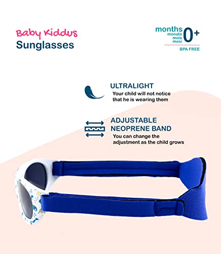 Kiddus Gafas de sol Baby para bebés NIÑOS chicos, desde 0 meses a 2 años, 100% protección UV, MUY CÓMODAS gracias a la SUAVE banda ajustable, el regalo ideal para recién nacidos. (Dino)