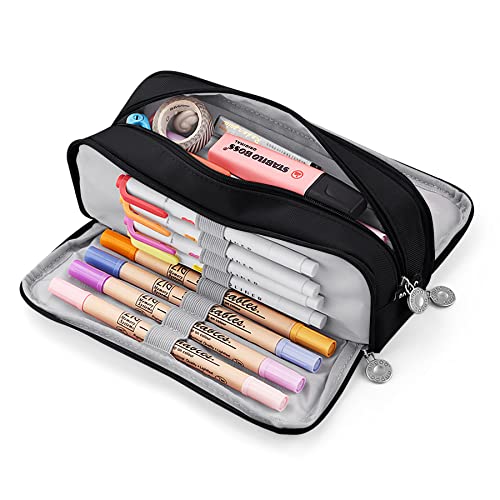 KidsPark Estuche Escolar con 3 Compartimentos, Estuche Escolar Grande Capacidad, Estuche Lapices Organizador Estuche de Maquillaje para Niña Niños Adolescentes Estudiantes, Negro