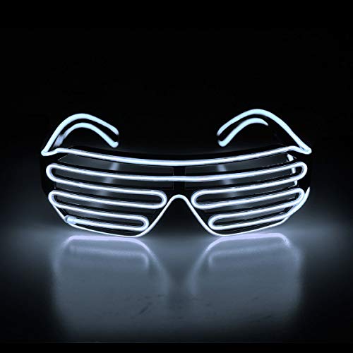 KingCorey Light Up Flashing Shutter Gafas de neón Rave Gafas de Sol El Wire LED Gafas de Sol activadas por Voz Disfraces de DJ para los 80, EDM, Fiesta (Blanco)