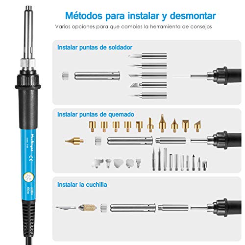 Kit Pirograbador de Madera 39 in 1 WaxRhyed, 60W,Temperatura Regulable(200-450℃), 33 Puntas y Accesorios,Soldador Pirografo Electrico Profesional Herramientas Para Manualidades Madera,Cuero,Grabado