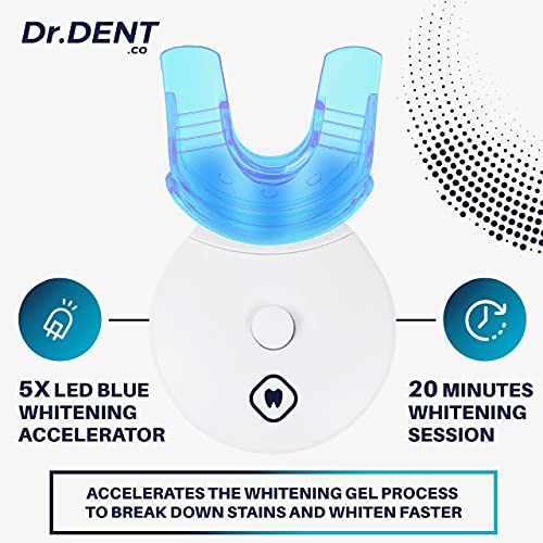 Kit profesional de blanqueamiento dental por LEDs DrDent - Fórmula sin sensibilidad - 8 cápsulas de gel blanqueador de 33,6 ml - Ayuda a eliminar las manchas - Incluye bandeja bucal y guía de colores