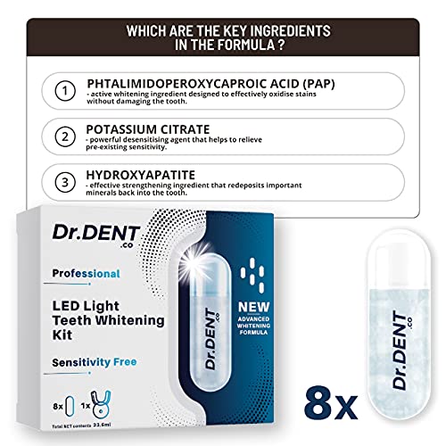 Kit profesional de blanqueamiento dental por LEDs DrDent - Fórmula sin sensibilidad - 8 cápsulas de gel blanqueador de 33,6 ml - Ayuda a eliminar las manchas - Incluye bandeja bucal y guía de colores