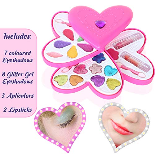 KreativeKraft Estuche De Maquillaje Compacto para Niñas | Maquillaje Infantil | Maquillaje De 20 Piezas En Una Divertida Caja De Almacenamiento De Forma De Corazón Y con Paletas De Sombras De Ojos