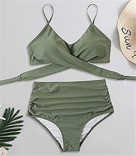 Kstare Bikini para mujer push up de corte alto, traje de baño de cintura alta, cruzado, parte superior y parte inferior de bikini, sexy, cuello en V, deportivo, dos piezas, De color verde militar., L