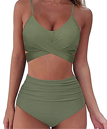 Kstare Bikini para mujer push up de corte alto, traje de baño de cintura alta, cruzado, parte superior y parte inferior de bikini, sexy, cuello en V, deportivo, dos piezas, De color verde militar., L